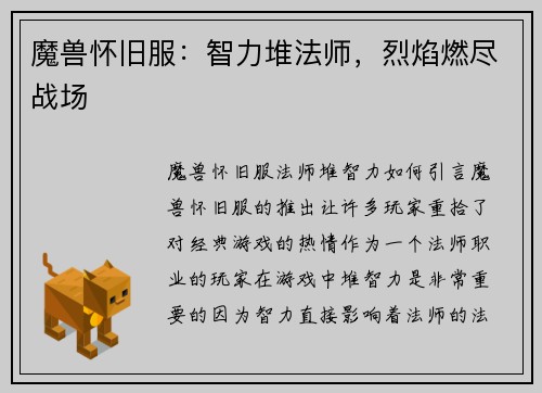 魔兽怀旧服：智力堆法师，烈焰燃尽战场